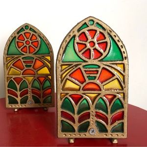 Vintage Stained Glass and Cast Iron Candle Holders Set of Two BN1